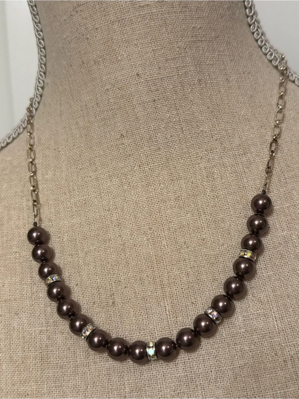 NECKLACE BROWN PEARLS WITH RHINESTONE RONDELLS ROSE GOLD COLOR CHAIN 19”